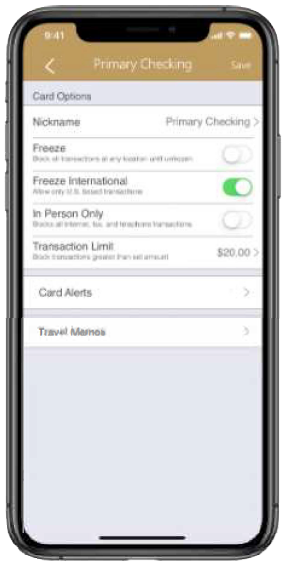 Preview picture of Checking Account Card Controls